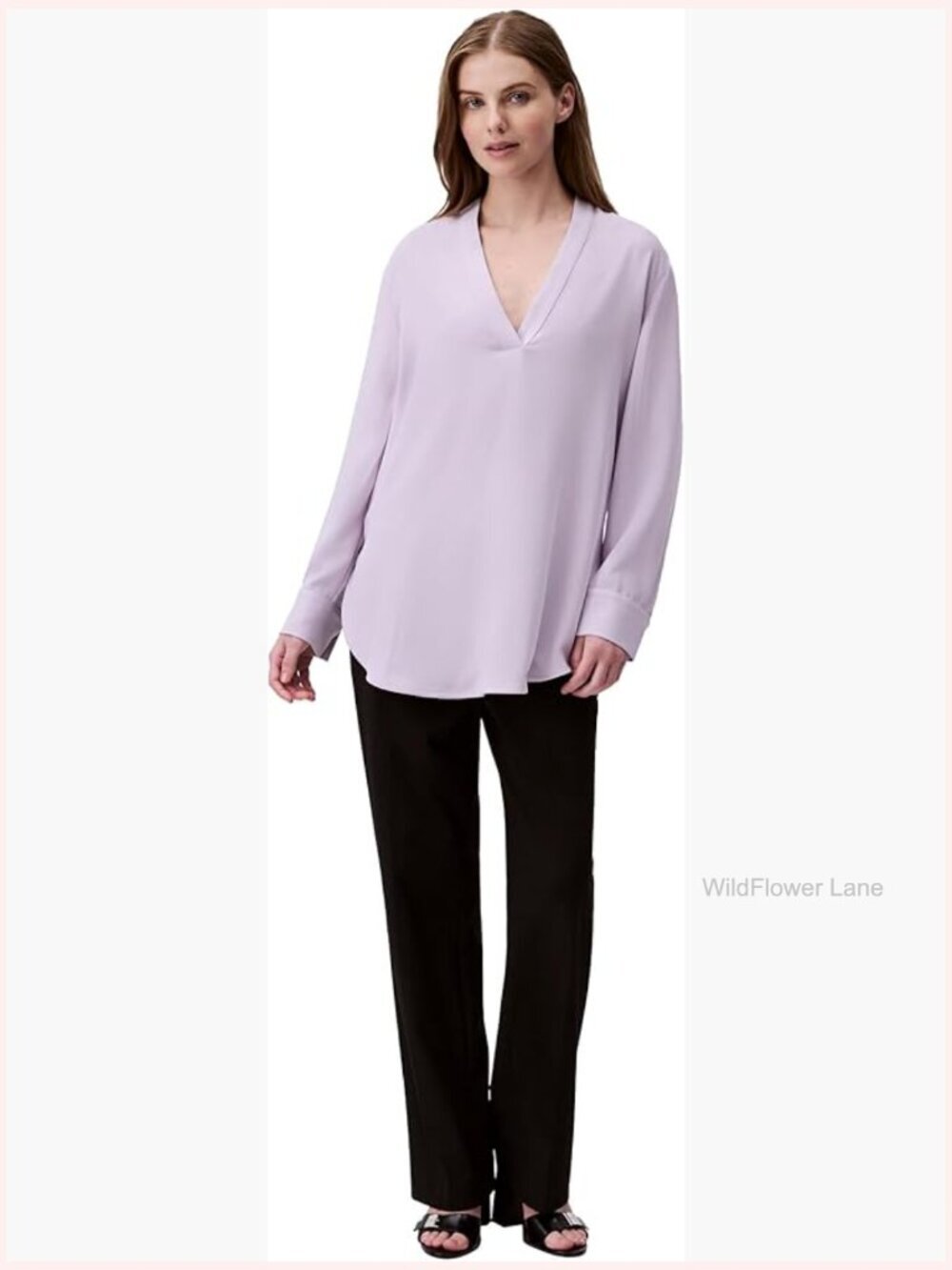 Women's Relaxed Fit V-Neck Blouse With Chest Pockets Long Sleeve